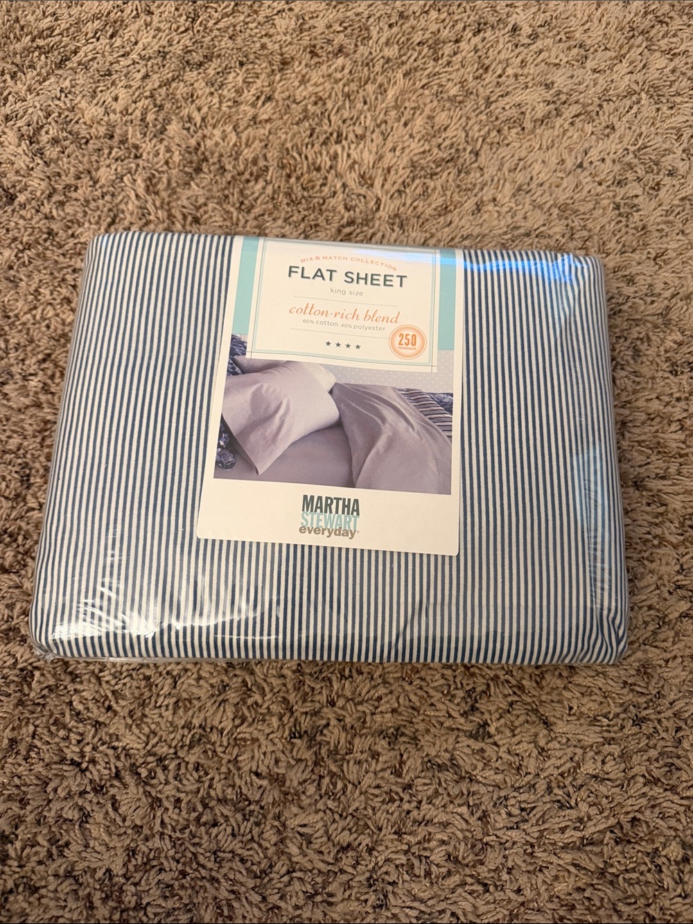 Martha Stewart Narrow Blue and White Stripe Cotton-Rich Flat Sheet